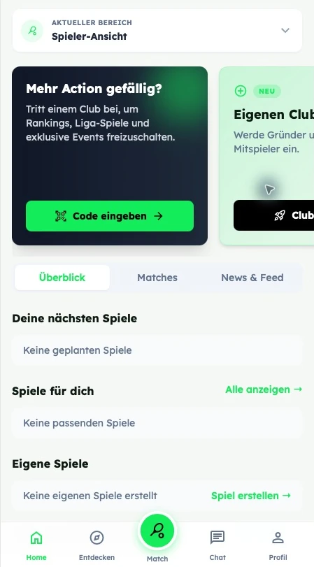 meetRackets Home mit dem Lupensymbol Entdecken unten in der Navigation