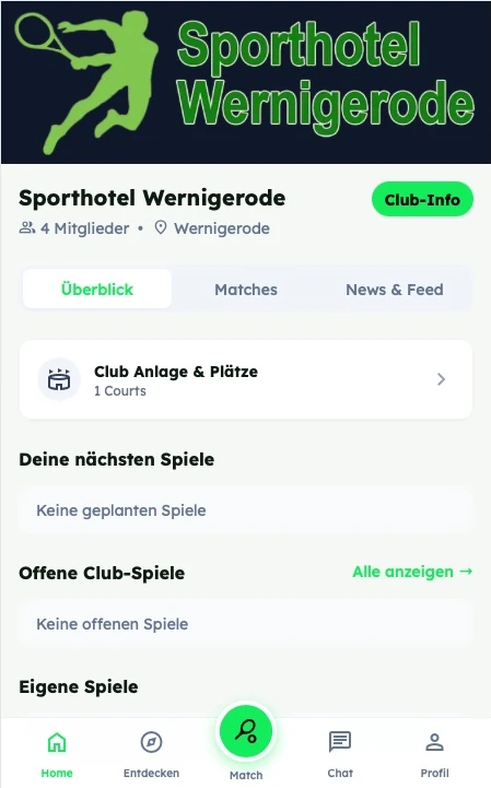 Geöffnete Clubseite von Sporthotel Wernigerode mit Clublogo und Club-Info