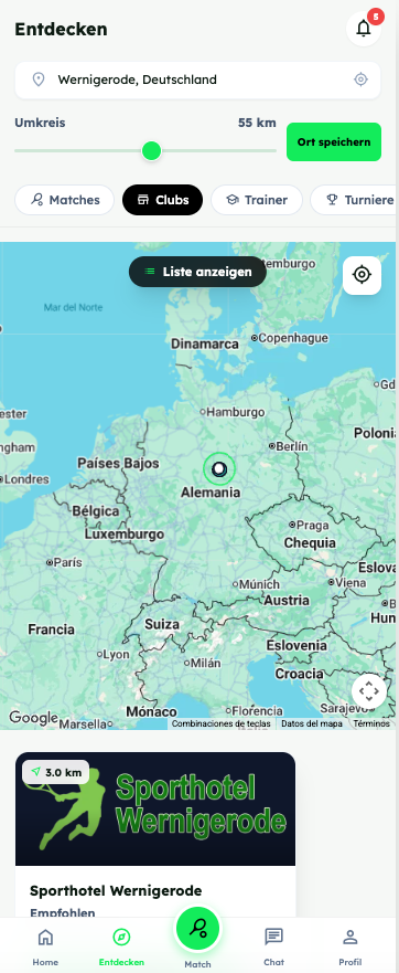 Entdecken mit Wernigerode, Deutschland im Suchfeld, ausgewähltem Clubs-Filter, 55-km-Kreis und der Karte von Sporthotel Wernigerode