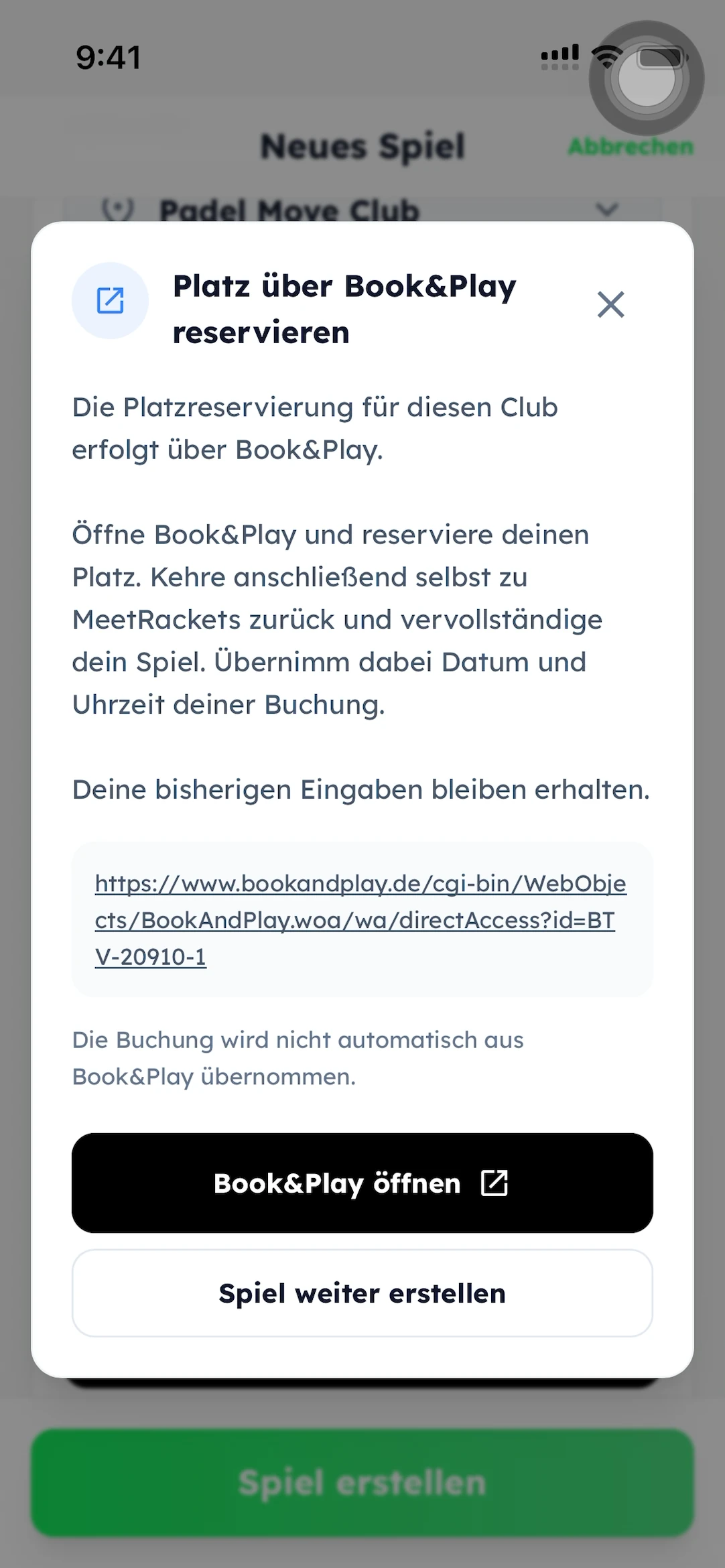 Hinweis Platz über Book&Play reservieren mit den Schaltflächen Book&Play öffnen und Spiel weiter erstellen.