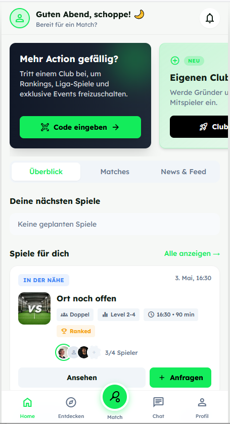 MeetRackets Home-Bildschirm